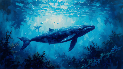 Fototapeta premium Serene Double Exposure Whale Pod Silhouette Over Coral Reef at Twilight