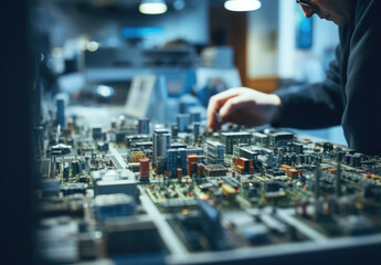 Obraz premium An intricate model of a miniature city being assembled by an attentive designer, showcasing urban planning and creativity through detailed architecture and thoughtful design.