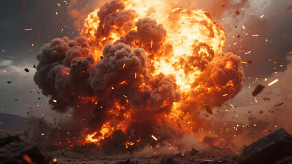 Massive explosion fireball with debris and smoke