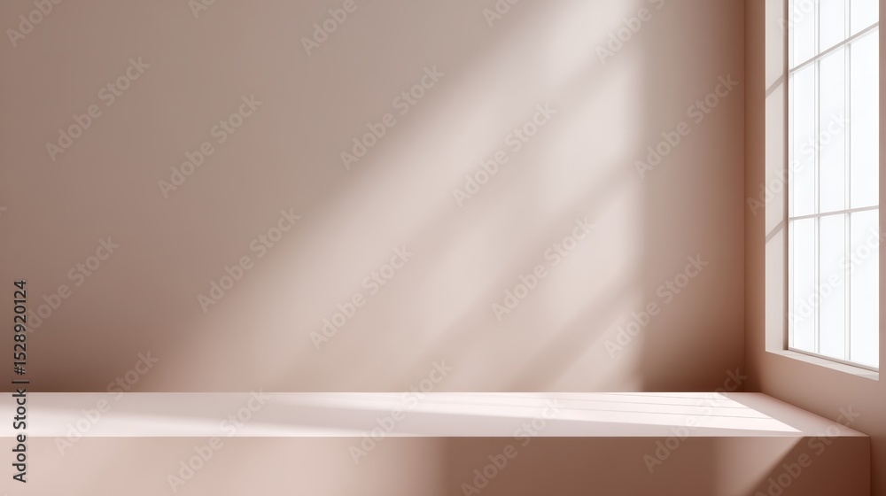 Poster Minimalist beige background with soft diffused sunlight and faint windowpane shadows creating a calm, elegant atmosphere with spacious copy area