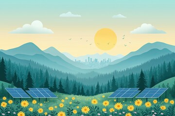 Sunrise over solar farm in valley with wildflowers and pine trees, combining sustainability and natural beauty
