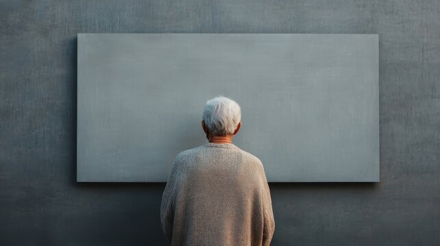 An elderly person gazes thoughtfully at a blank canvas on the wall, reflecting on creativity, potential, and the unexpressed thoughts waiting to be brought to life.