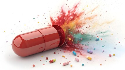A burst of healing power a red capsule erupts with vibrant transformative energy symbolizing hope and medication against