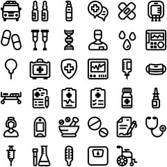 Medical and Healthcare Line Icons – 36 Clean Hospital and Medicine Symbols