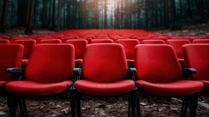 Obraz premium The image showcases a striking arrangement of vivid red seats amidst a tranquil forest, capturing a unique contrast between nature and human-made elements.