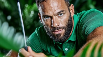 Focused Golfer in Lush Tropical Setting A Dramatic Portrait