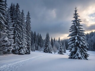 Fototapeta premium Snowladen firs stand beneath a cloudy winter sky