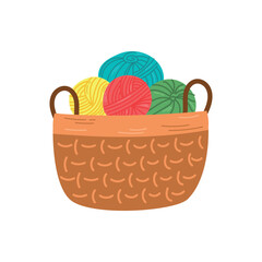 Illustration of a craft basket with skeins of yarn and knitting needles. Knitting tools. Handicraft, hobby, hand knitting. Coziness concept.