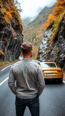 Man Pulled Over by Police on Scenic Mountain Road During Autumn