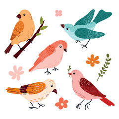 Spring  birds  small set. Different beautiful birdie with flowers  and branch. The birds are arranged in a row, with some of them facing left and others facing right. 