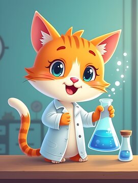 Cartoon Cat Doing Science Holding Erlenmeyer Flask with Blue Liquid