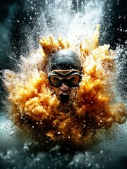Swimmer Exploding Through Orange Ink Underwater Dynamic Action Shot