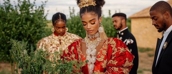 African Bride in Traditional Red and Gold Wedding Attire