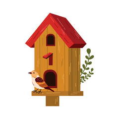 Birdhouse with a bird.Isolated vector illustration of a birdhouse with a cute bird and budding flowers on a white background, whimsical and inviting, symbolizing spring.