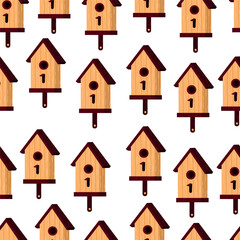 Birdhouse with a bird.Isolated vector illustration of a birdhouse with a cute bird and budding flowers on a white background, whimsical and inviting, symbolizing spring.