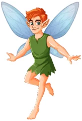 Fototapete Rund Playful Fairy with Blue Wings and Green Outfit © GraphicsRF