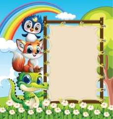 Fototapete Rund Cute Animals with Rainbow Background © GraphicsRF