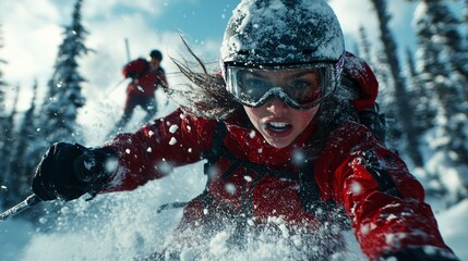 Thrilling Ski Descent Woman Speeding Down Snowy Mountain Slope