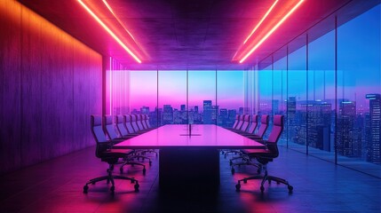 A neon-lit boardroom where powerful investors discuss global economic strategies 