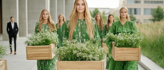 Women in Green Dresses Carrying Wooden Crates of Plants