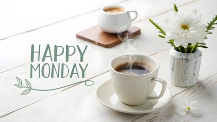 Start the week right with a steaming cup of coffee wishing a Happy Monday in a serene refreshing white setting with soft