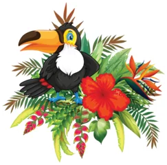 Fototapete Rund Tropical Toucan with Exotic Floral Arrangement © GraphicsRF