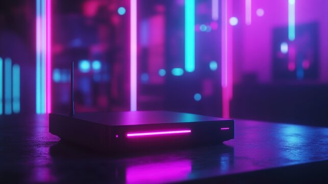 Futuristic device with neon lights reflecting on a dark surface.