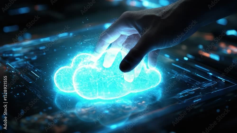 Poster Hand interacting with a digital cloud graphic on a futuristic interface.