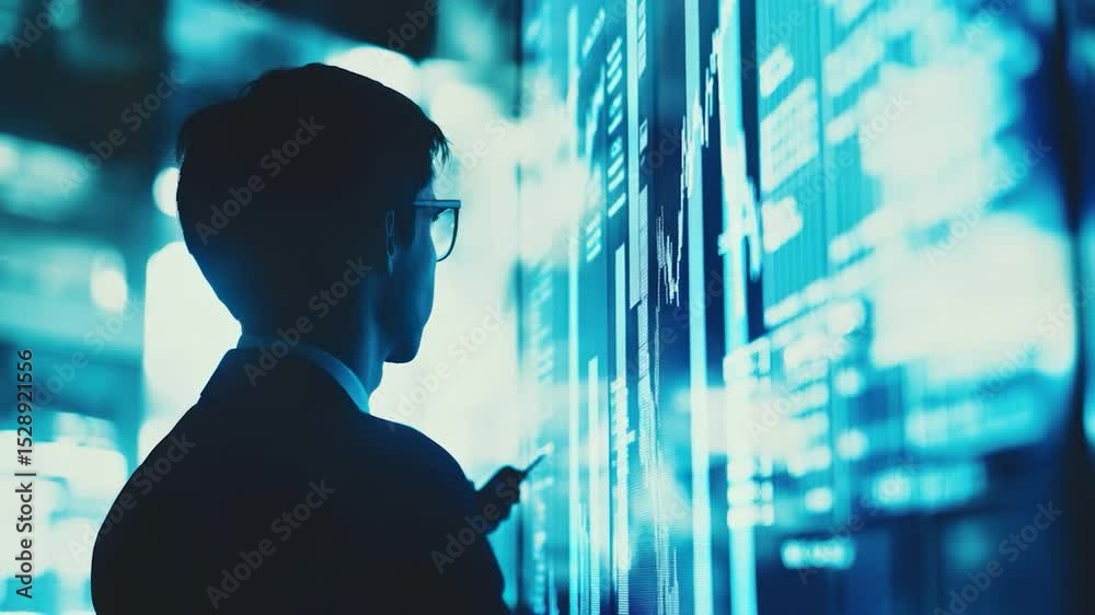 Poster person studying financial data on a large display