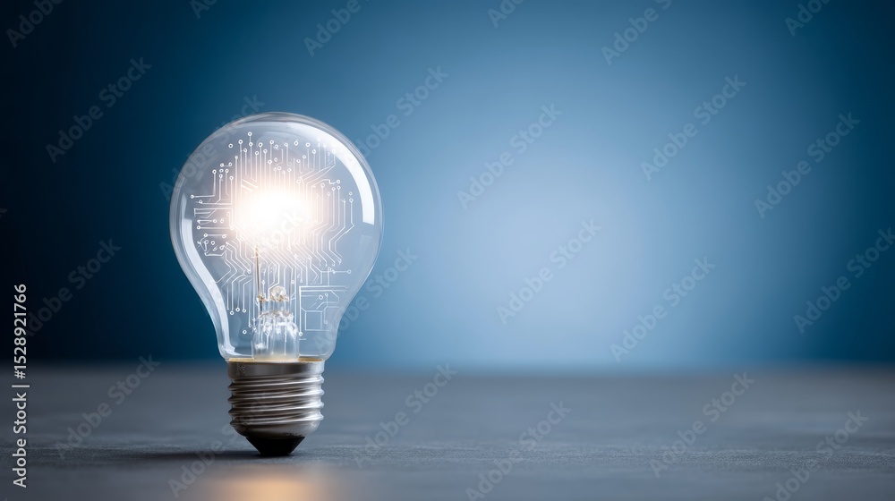 Poster Illuminated lightbulb with digital circuit patterns in futuristic blue environment, symbolizing innovation and digital transformation, with ample copy space