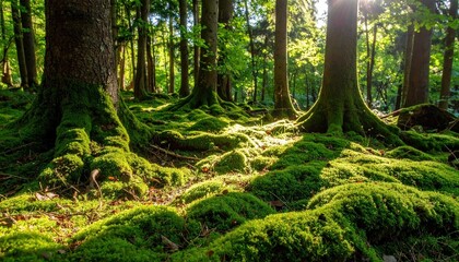 Sunlit Forest Floor Covered in Lush Green Moss Sunlight filtering through the trees illuminating the mossy ground