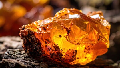 Fototapeta premium Raw Amber Gemstone Close up Nature's Golden Treasure with Inclusions