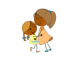 Happy sisters embracing cartoon illustration