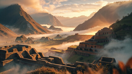 Ancient inca city machu picchu nestled amidst misty mountains at sunrise in peru