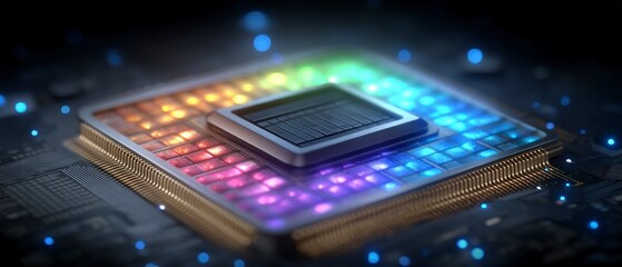 Fototapeta premium High Tech Microprocessor Chip Colorful Circuit Board Close up