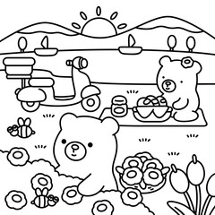 A bear couple picnics and watches the sunset by the lake, easy coloring for kids, vector, illustration, coloring book, coloring page, cozy, cute, bold, comfy