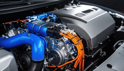Close up view of a modern electric car engine showcasing its innovative components and vibrant blue and orange wiring