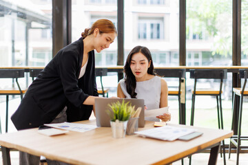 Two professional caucasian asian business women friends collaboration, working together at office, using laptop, Generally accepted audit standards, Earnings before interest and taxes
