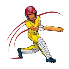 Fototapeta premium Colorful vector illustration of a cricket bowler mid-delivery stride, arm stretched back