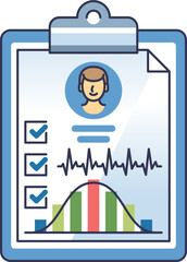 Illustration of a patient card with a profile, checklist, and health data on a clipboard.