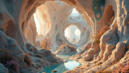 Abstract fractal background with curved surface, flowing cave or tunnel and beautiful colors. Artistic wave pattern design.