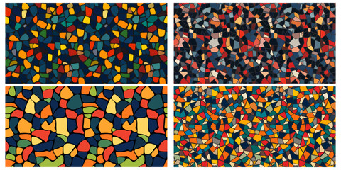 Abstract mosaic, a seamless design. A vector background. Perfect for creating a backdrop. Ceramic tile fragments. Colorful broken tiles, a mosaic of yellow, blue, and red.
