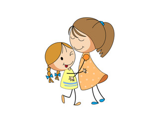 Happy sisters hugging cartoon illustration