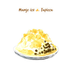 Hand-painted watercolor illustration of mango shaved ice with tapioca pearls, presented in a soft, artistic style.