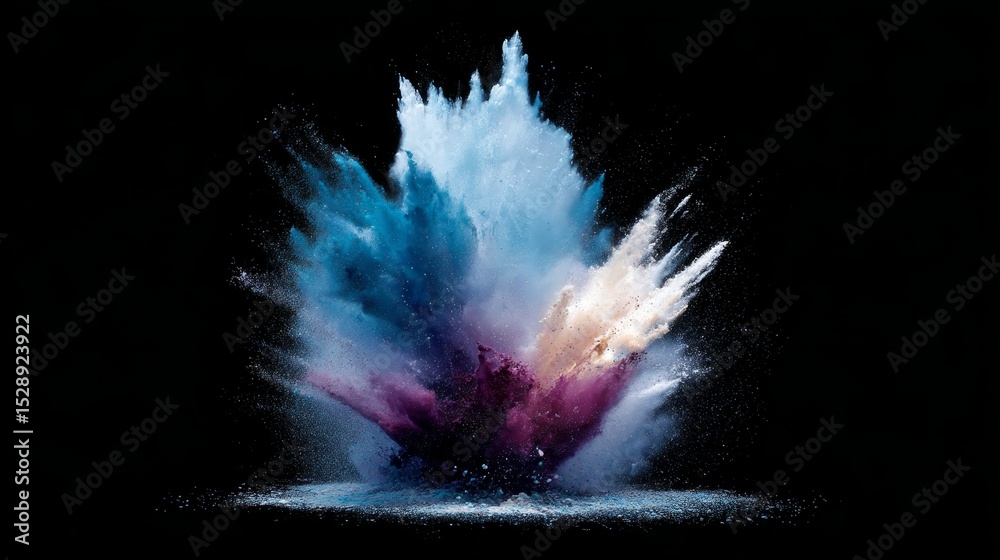 Poster vibrant liquid paint explosion with striking blue and violet hues in slowmotion against dark void ba