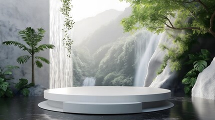 Stylish modern fountain surrounded by lush greenery and soft waterfalls in serene outdoor setting