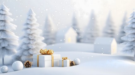 Snowy winter landscape with gifts and trees in a serene setting