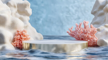 Colorful underwater scene featuring coral, sea plants, and a circular platform with soft lighting for a tranquil atmosphere