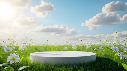 Bright spring landscape with colorful flowers and a circular platform under a blue sky