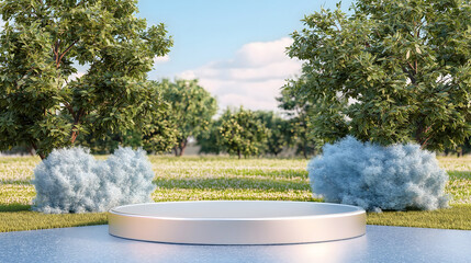 Serene circular platform surrounded by lush greenery and water reflects a peaceful atmosphere in nature